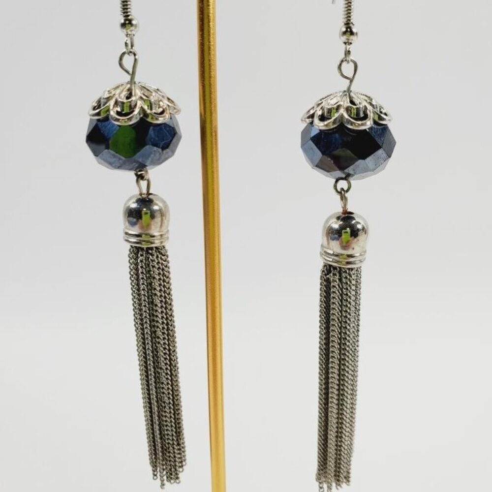 Crystal Bead & Chain Tasseled Long Earrings (97192)